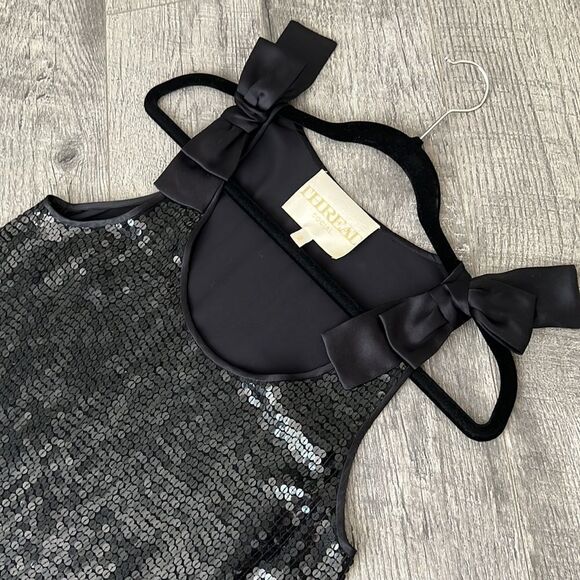 THREAL social 100% silk outgoing top black sequins bows Sz 2 - Picture 8 of 11